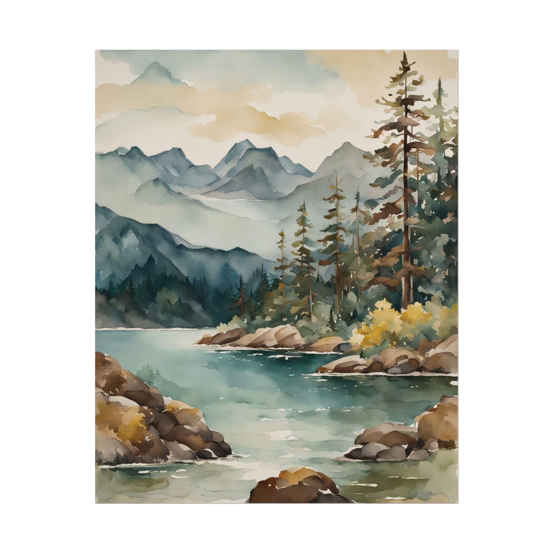 Mountain Lake Pine Trees Watercolor Misty Peaks Nature Wall Art