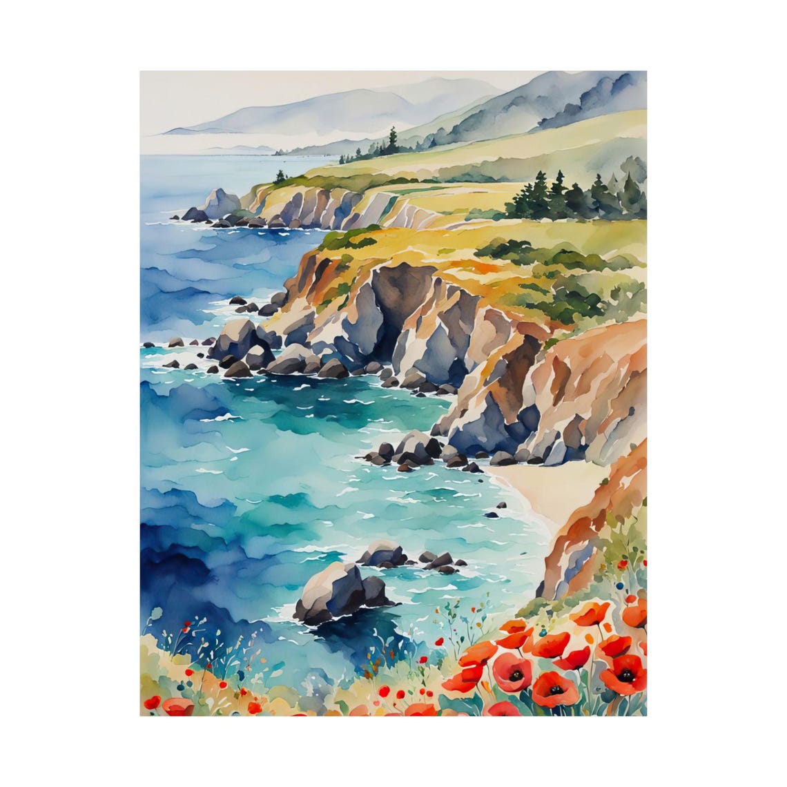 Big Sur Coast Watercolor Poster Rugged Cliffs Ocean And Red Poppies
