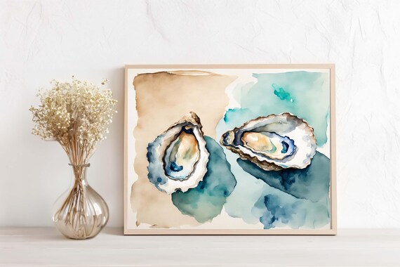 Watercolor Oyster Shells Coastal Beach House Artwork Decor Poster
