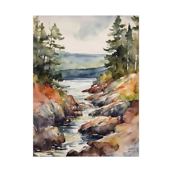 Rocky Coastal Gorge Pine Trees Autumn Watercolor Wilderness Wall Art