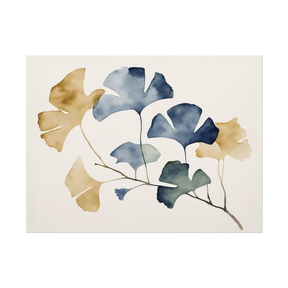 Blue and Gold Ginkgo Leaves Abstract Botanical Watercolor Poster