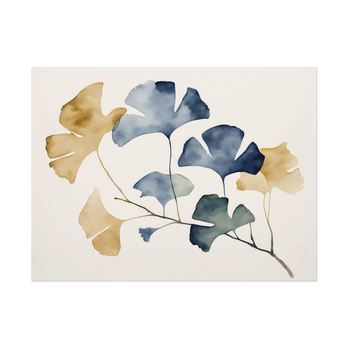 Blue and Gold Ginkgo Leaves Abstract Botanical Watercolor Poster