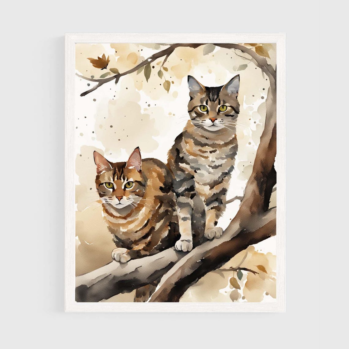 Two Tabby Cats in Tree Watercolor Poster Autumn Leaves Feline Pair Art
