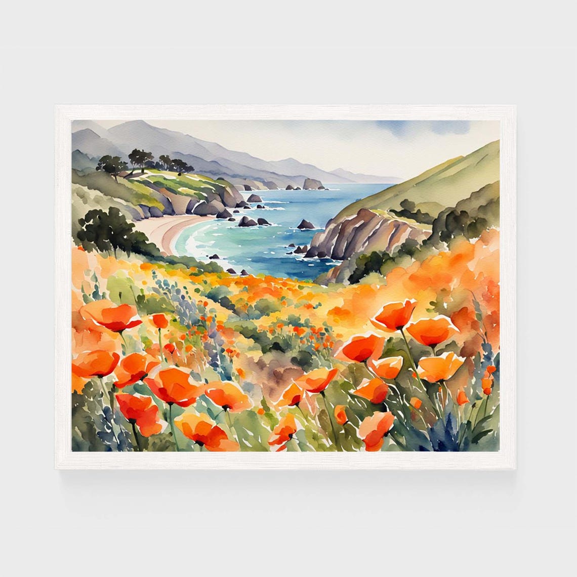 Big Sur California Coast Poppies Ocean Cliffs Watercolor Poster