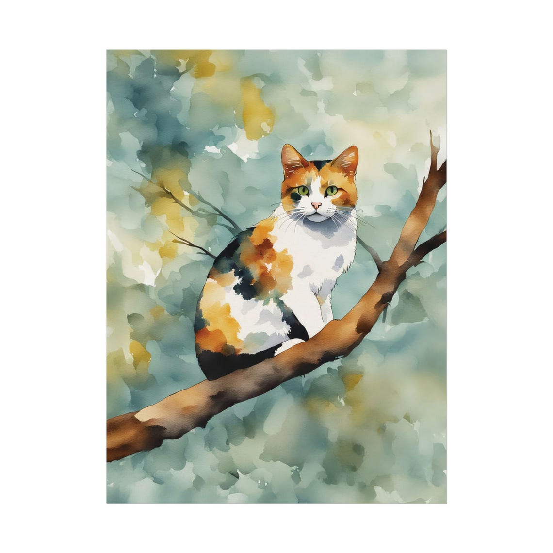 Calico Cat on Branch Watercolor Painting Spring Pet Art Poster