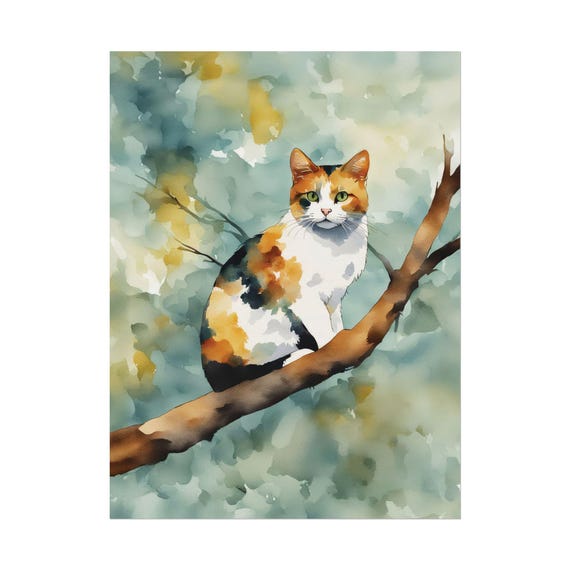 Calico Cat Print Watercolor Painting Springtime Pet Art Green Blue Animal Wall Poster 44