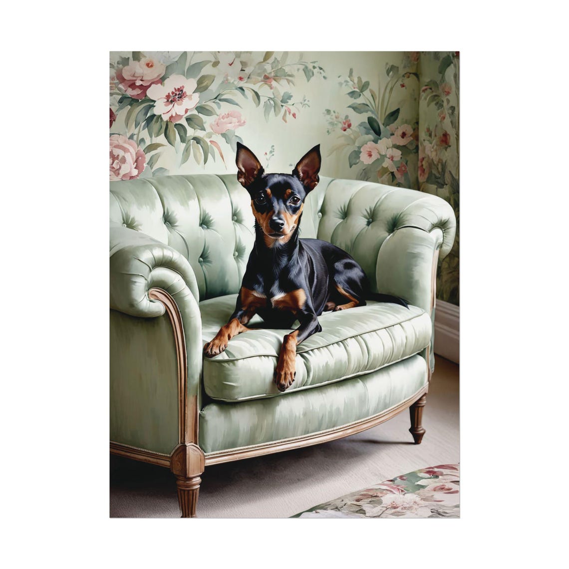 Miniature Pinscher On Green Couch Floral Watercolor Pet Poster