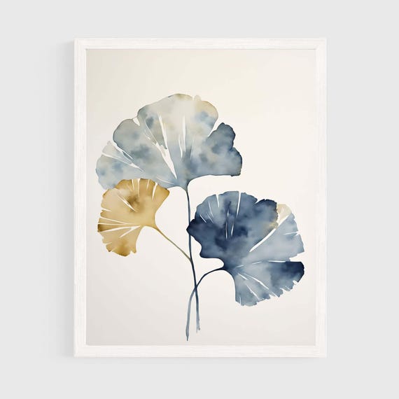 Ginkgo Leaves Print 5 Santorini Watercolor Abstract Botanical Painting Vertical Neutral Home Decor Blue