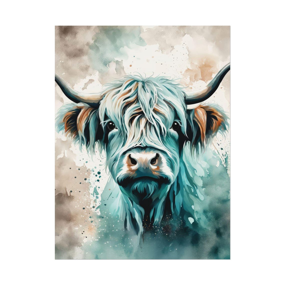 Highland Cow Turquoise Watercolor Portrait Farm Animal Art Poster