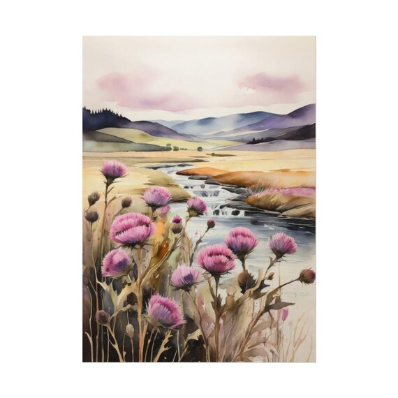 Purple Thistle Flowers A Scottish Countryside Painting Wildflowers Stream Watercolor Print Floral Botanical Scotland Wall Art