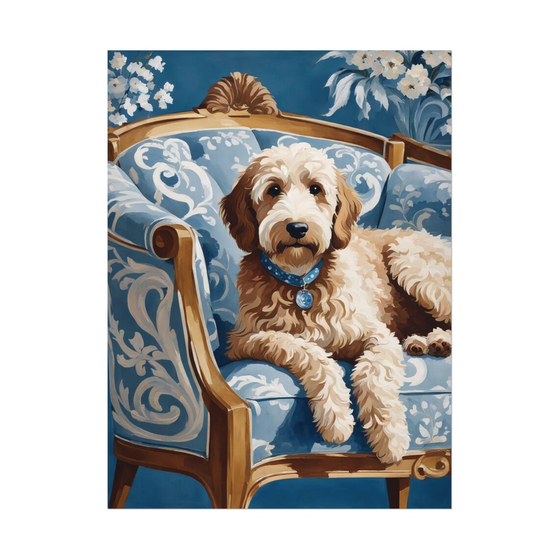 Labradoodle Blue Floral Chinoiserie Art Print