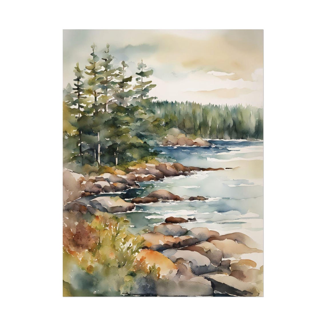 Rocky Coast Pine Trees Watercolor Shoreline Landscape Painting Poster