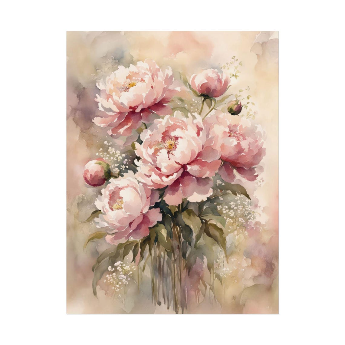 Pink Peonies Watercolor Painting Soft Blush Floral Botanical Poster