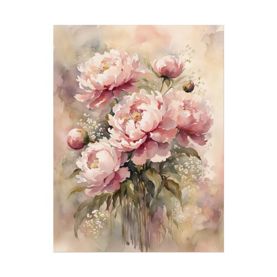 Pink Peonies Watercolor Painting Soft Blush Floral Botanical Poster