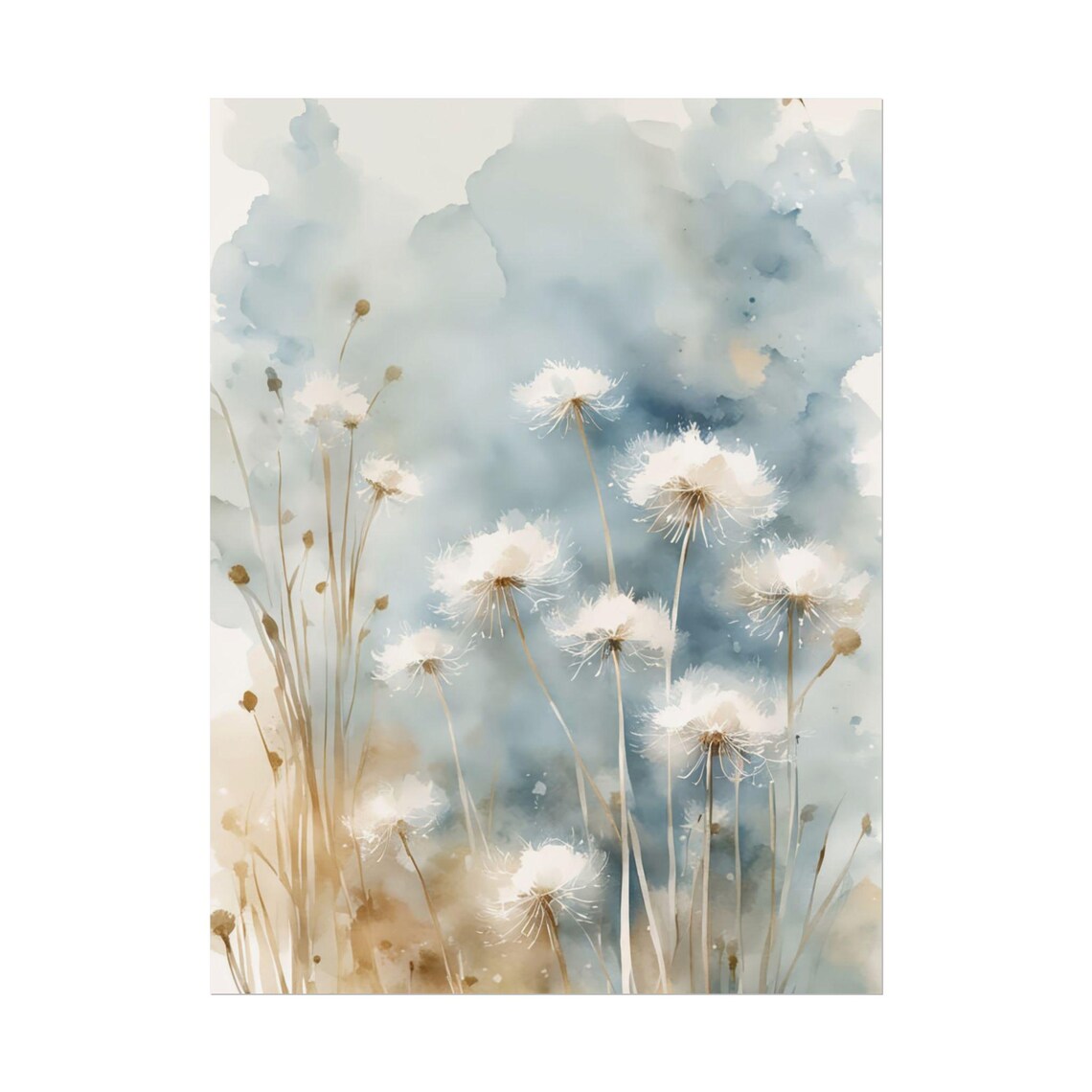 Blue Dandelion Watercolor Art Print, Botanical Floral