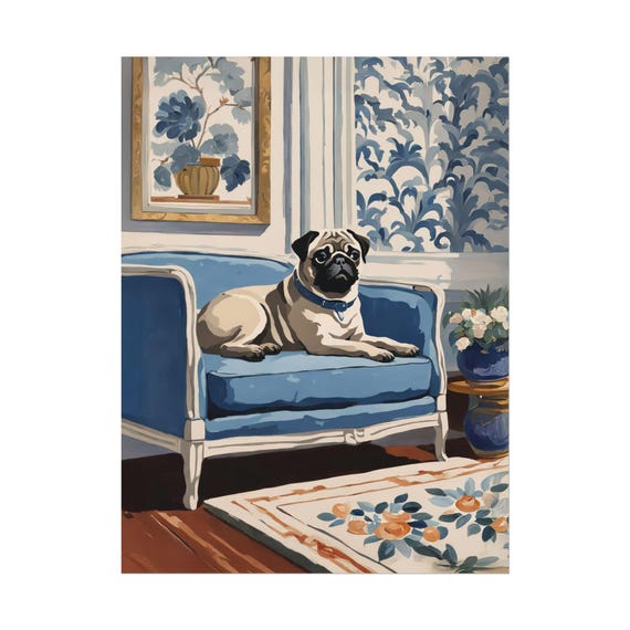 Pug Art Print Nc13 Gouache Watercolor Painting Blue Floral Chinoiserie Wall Dog Lover Vertical Poster