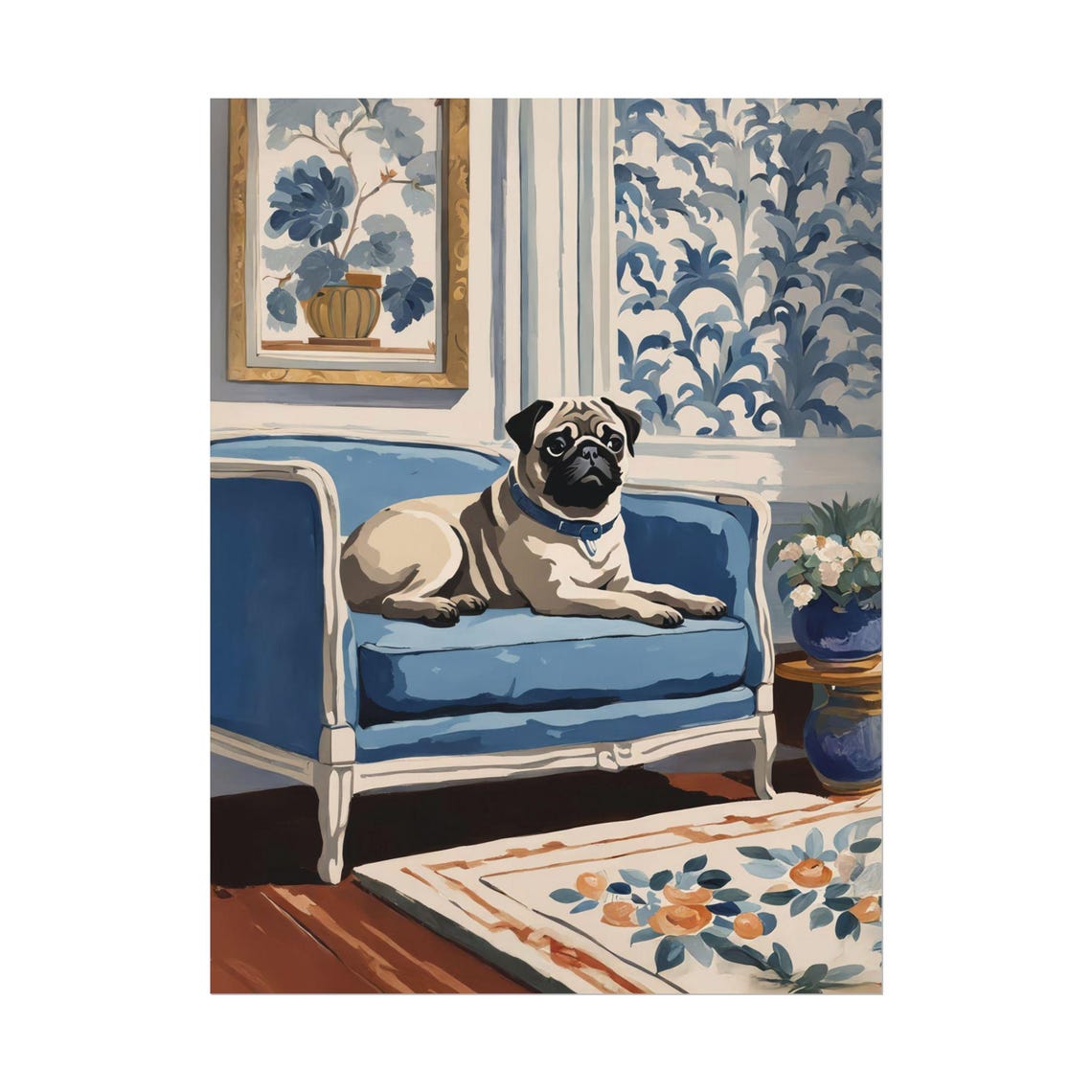 Pug Lying on Blue Sofa Chinoiserie Elegant Room Dog Art Poster