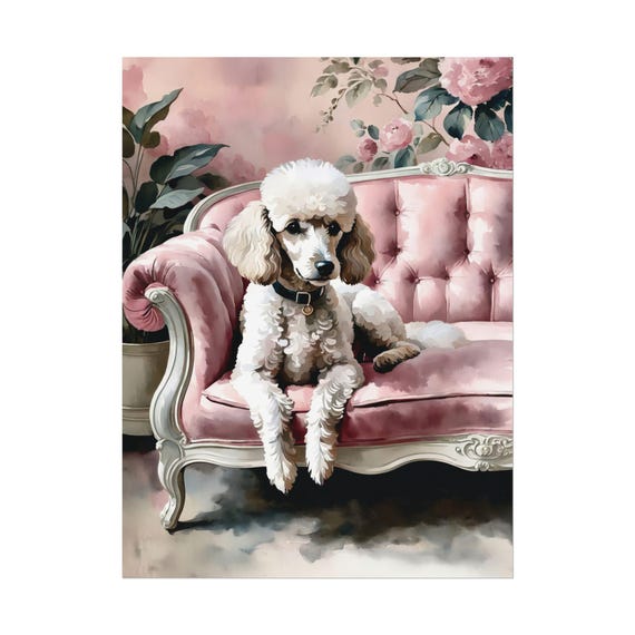 White Poodle Art Print Pink Floral Wall Cute Dog Lover Poster Gift Watercolor Painting