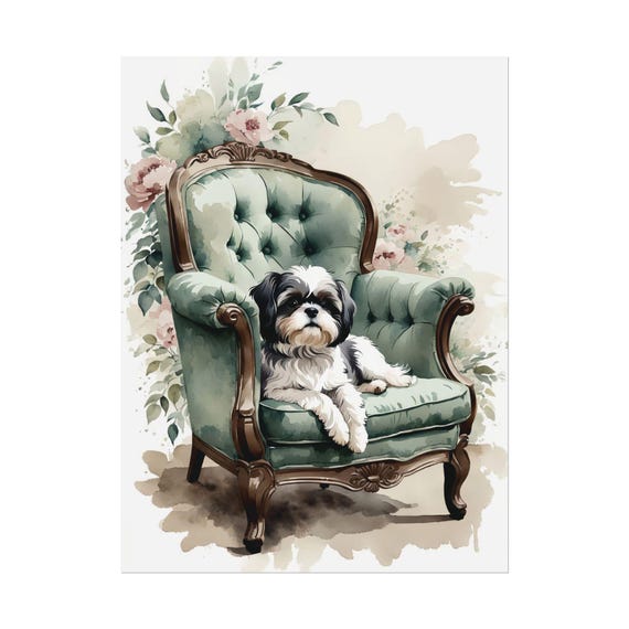 Shih Tzu Art Print Green Wall Cute Dog Lover Poster Gift Watercolor Painting