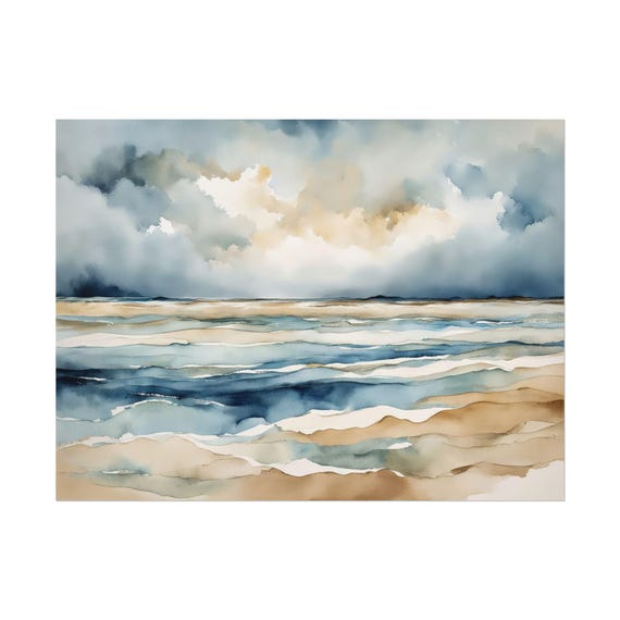 Santorini Beach Print 2 Horizontal Painting Abstract Coastal Greece Watercolor Art Ocean Wall Gift Neutral Home Decor Blue Tan