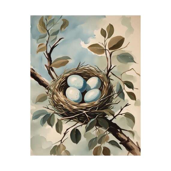 Nature Wall Decor Birds Nest And Eggs Watercolor Print Spring Painting Poster Easter Art Matte Vertical