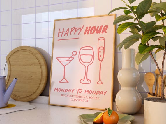 Funny Happy Hour Print Baby Pink Cute Bar Cart Print Trendy Bar Kitchen Wall Decor Yappy Hour Wall Art Cheers Girly Kitchen Art
