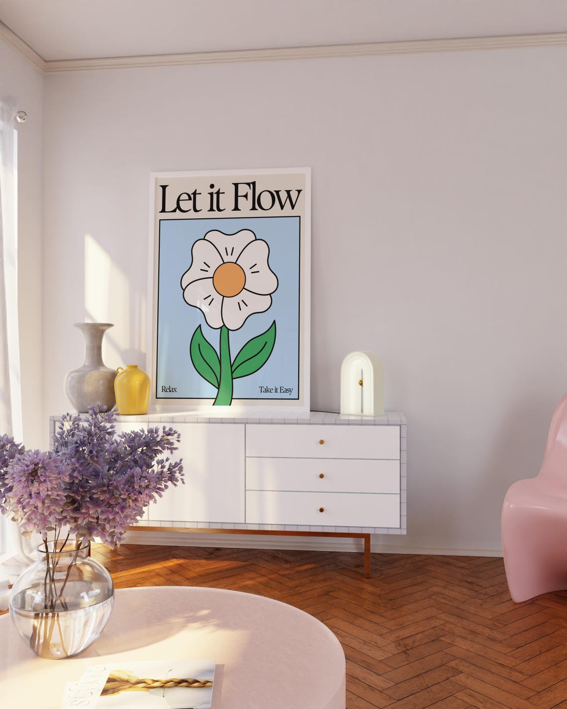 Let It Flow Daisy Flower Blue Retro Relax Take It Easy Art Poster - Image 2