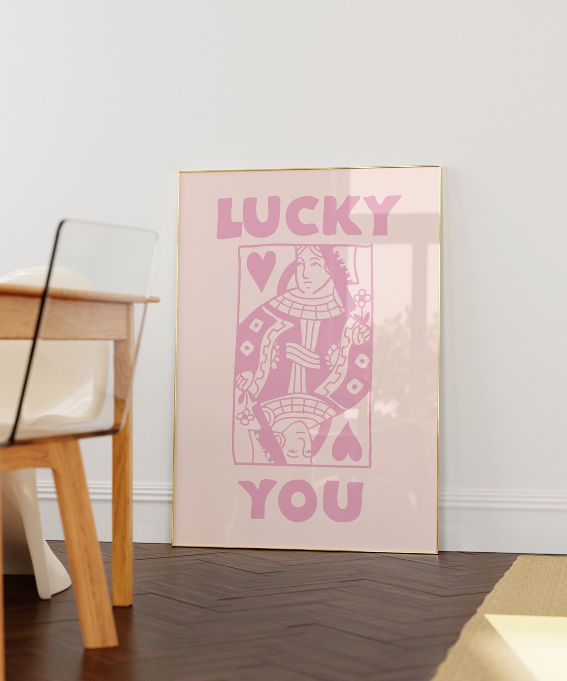 Lucky You Pink Queen Of Hearts Playing Card Retro Casino Poster - Image 2