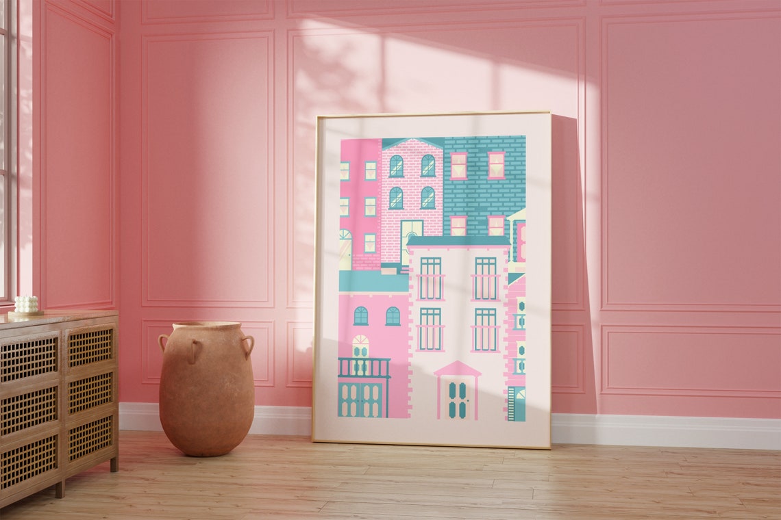 Cute Pastel Pink Teal City Buildings Geometric Apartment Poster - Image 3