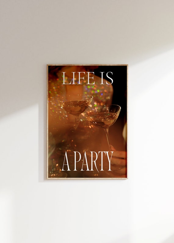 Life Is A Party Print Retro Cheers Poster Clinking Glasses Prints Disco Themed Happy Hour Preppy Bar Cart Art