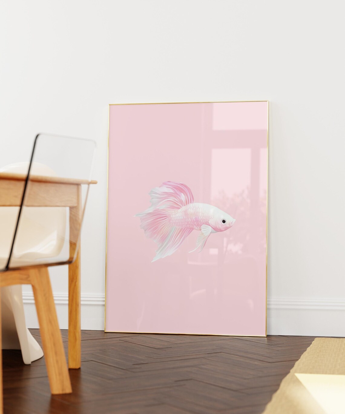Cute Minimalist Pink Betta Fish Pastel Girly Aquarium Art Poster - Image 2