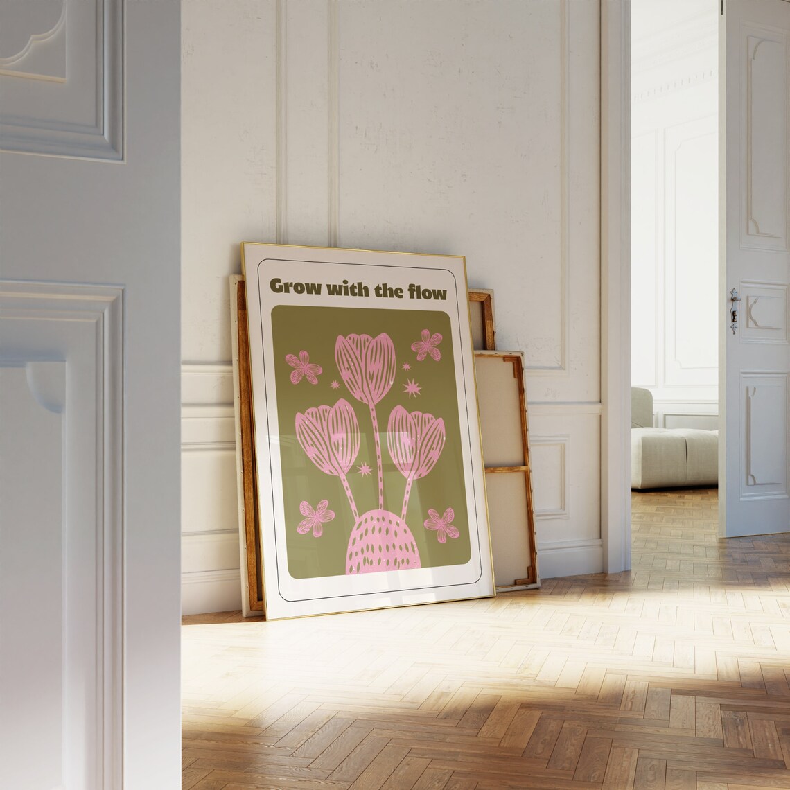 Grow With The Flow Retro Tulip Floral Green Botanical Quote Poster - Image 2