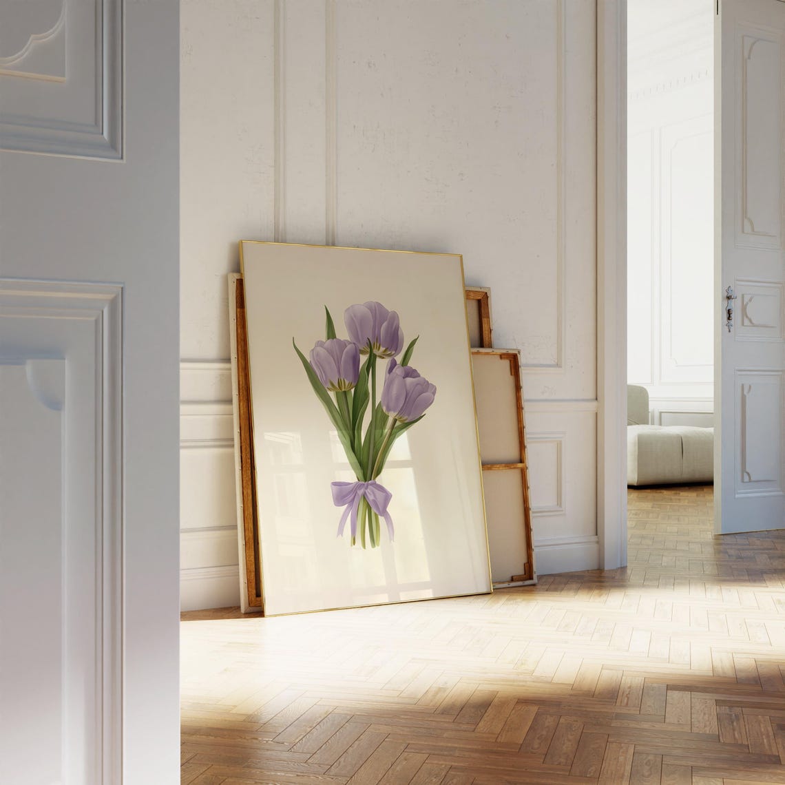 Purple Tulip Bouquet with Lavender Bow Coquette Floral Poster