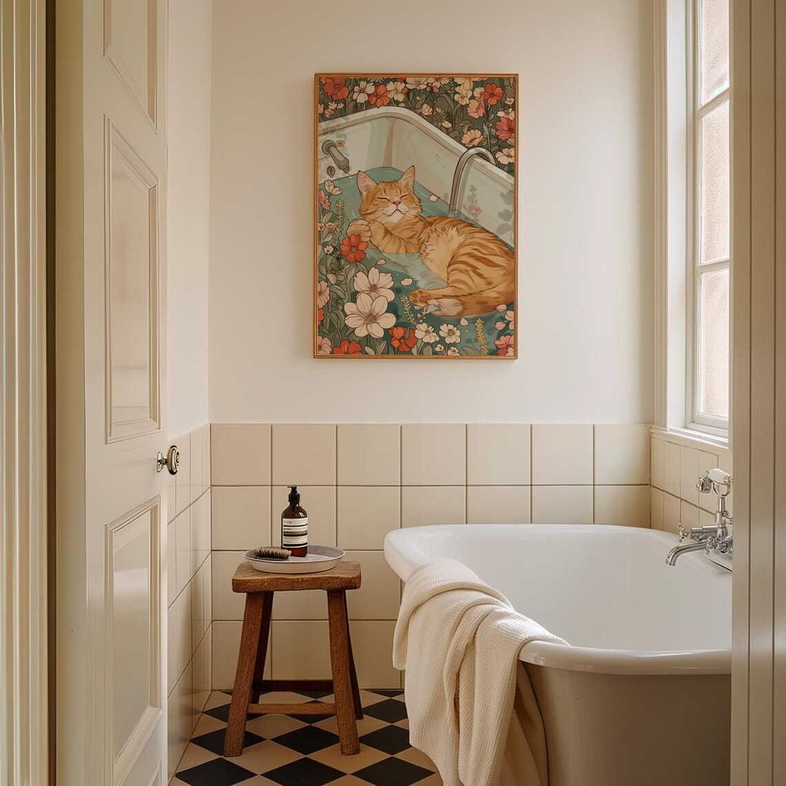 Cute Orange Cat In Tub Bathroom Floral Wall Art - Image 2