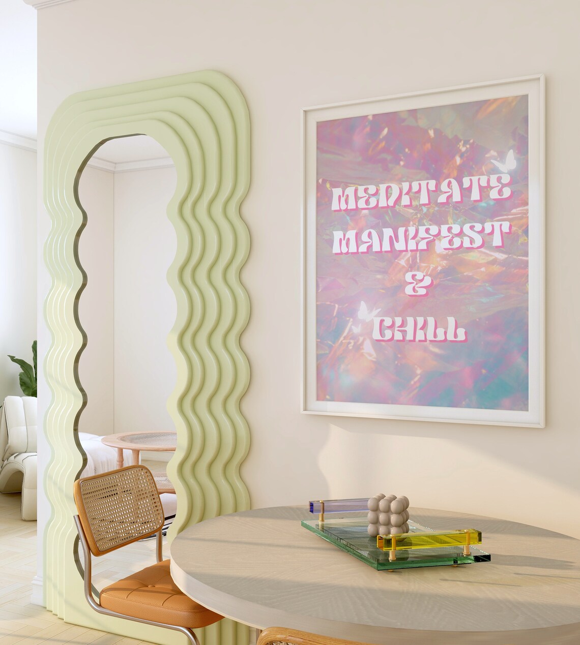 Meditate Manifest and Chill Retro Holographic Pink Quote Wall Poster - Image 3