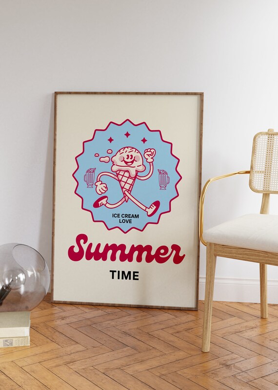 Cute Happy Summer Time Retro Ice Cream Character Mascot Poster