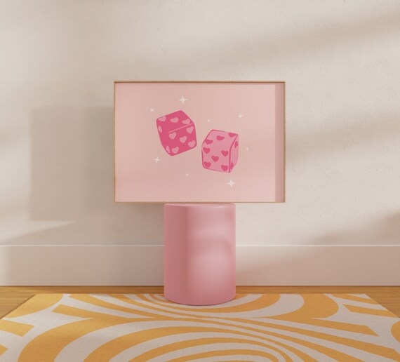 Landscape Lucky Heart Dice Poster Preppy Pink Print Retro Cute Girly Wall Decor Hot Pinkart For Teenagers Dorm Room Y2k