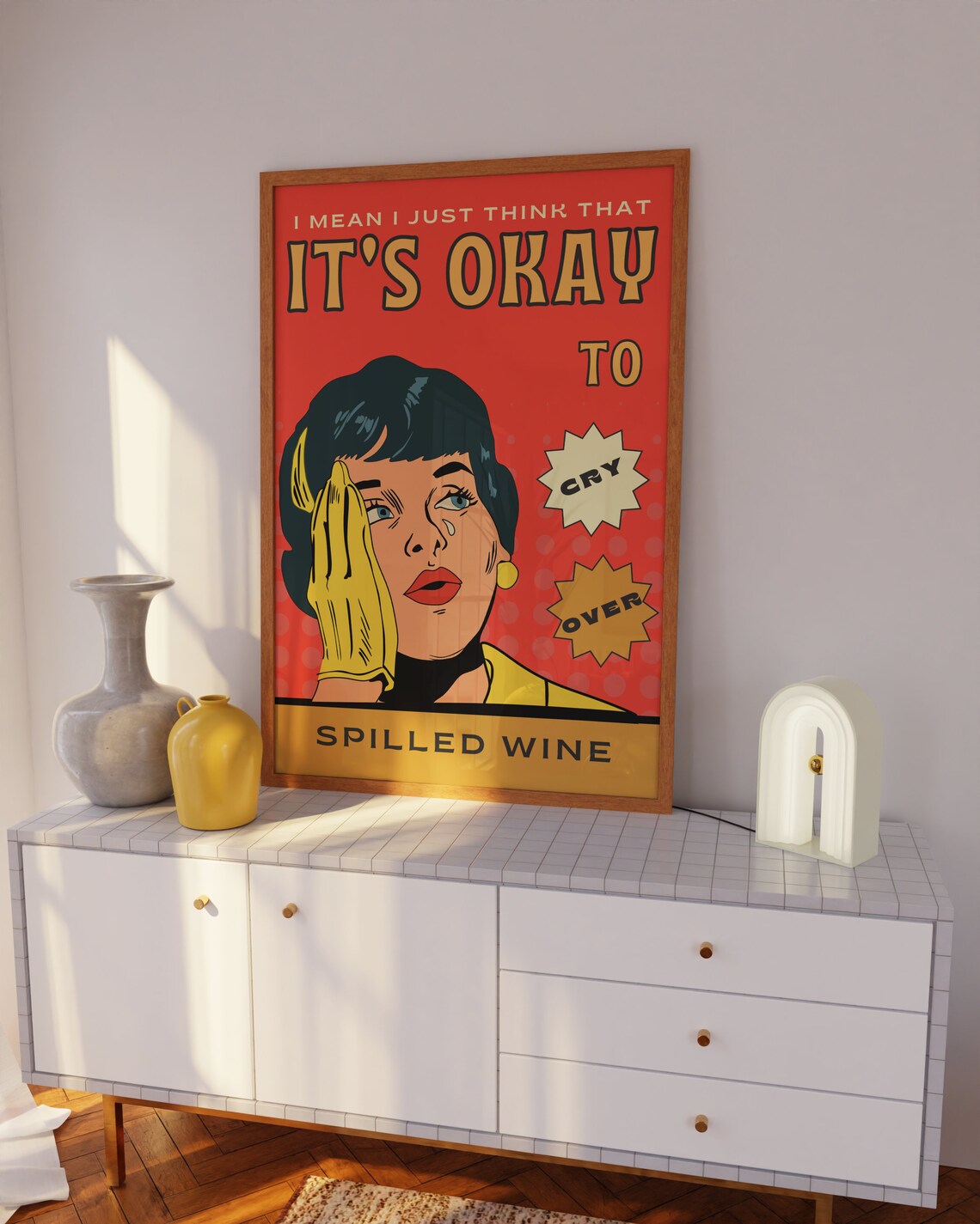 Its Okay To Cry Over Spilled Wine Retro Pop Art Woman Poster - Image 2