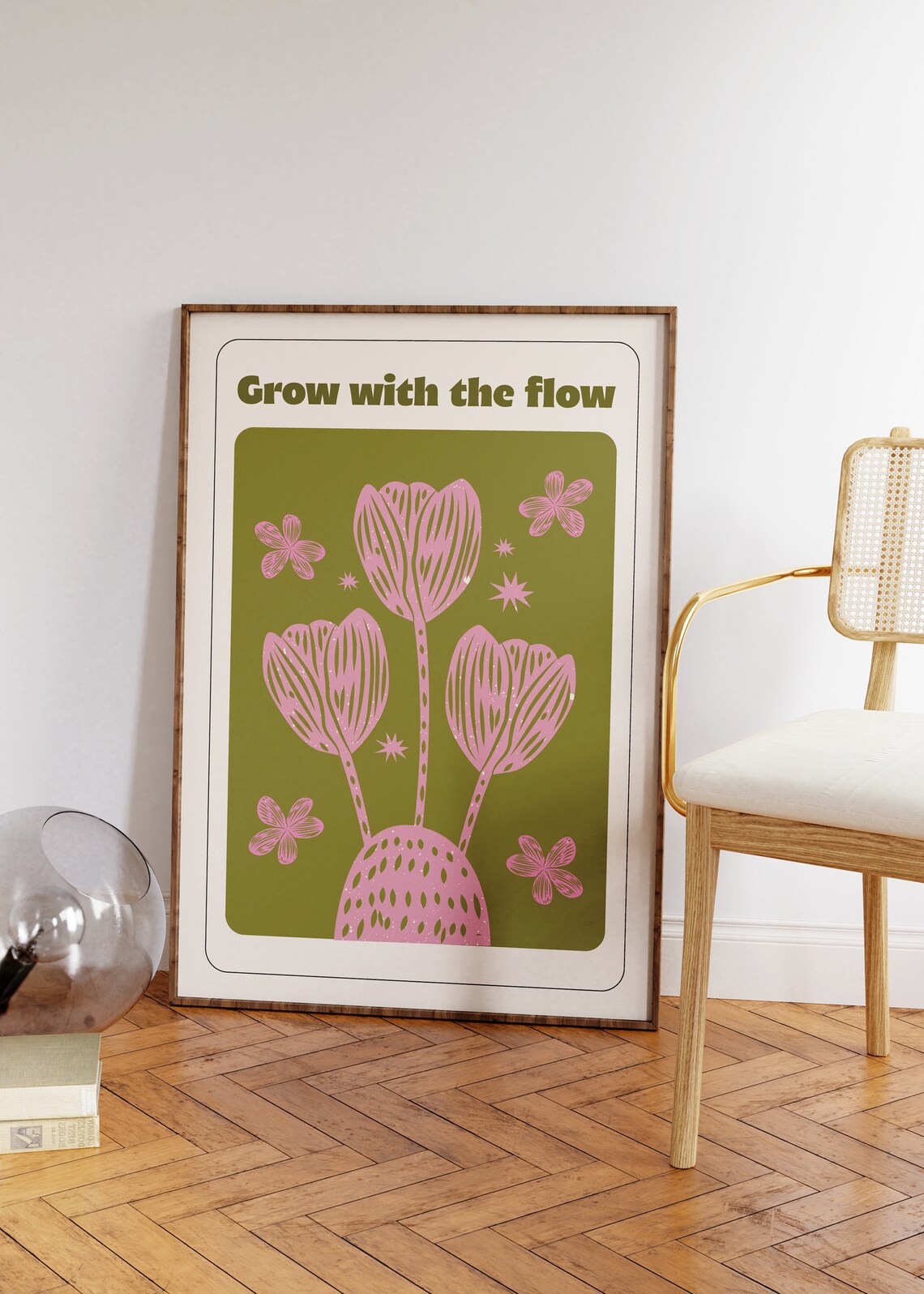 Grow With The Flow Retro Tulip Floral Green Botanical Quote Poster