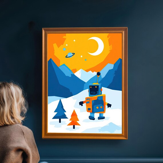 Friendly Robot In Snowy Landscape Under Moon Kids Space Art Poster
