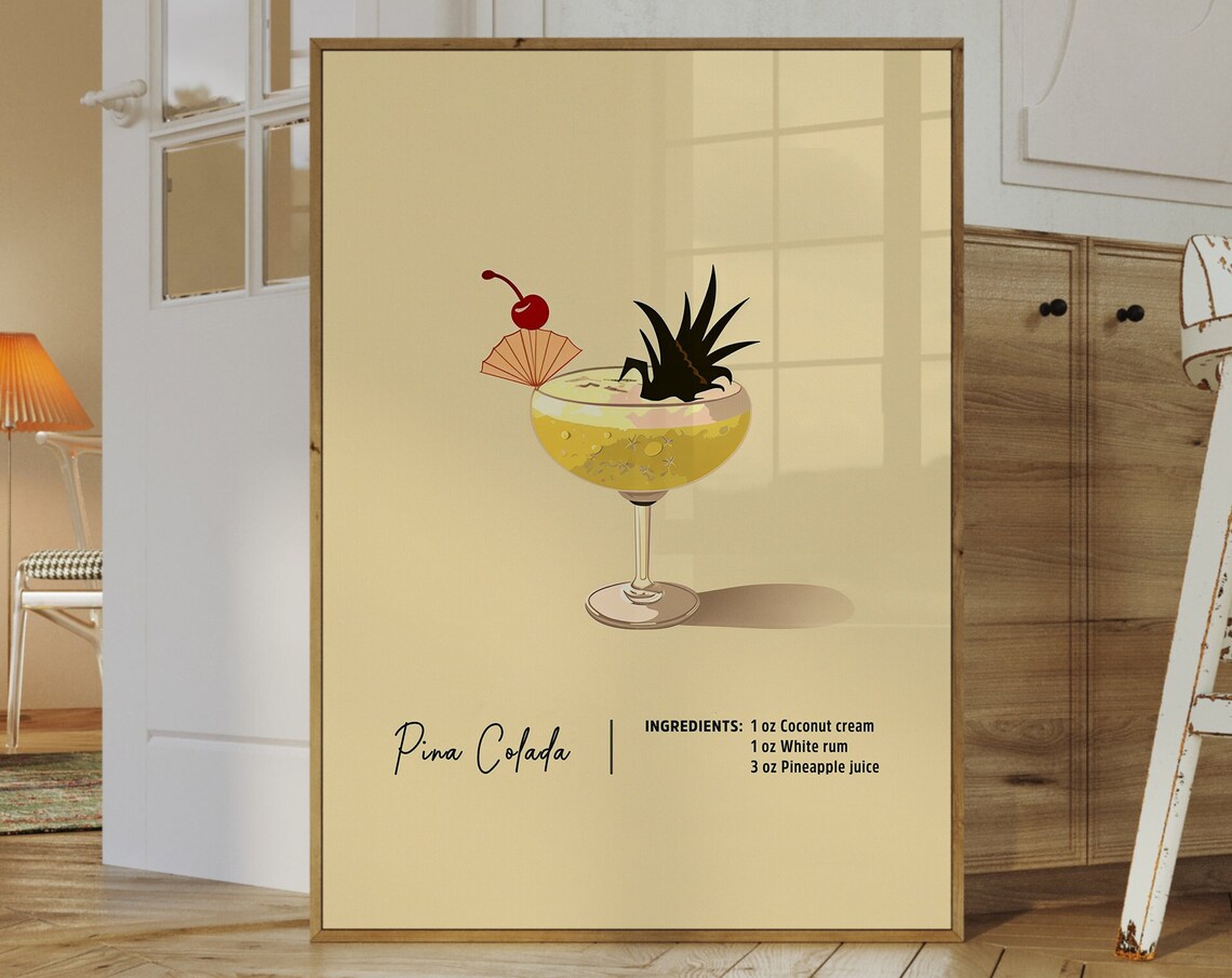 Pina Colada Tropical Cocktail Recipe Retro Minimalist Bar Poster