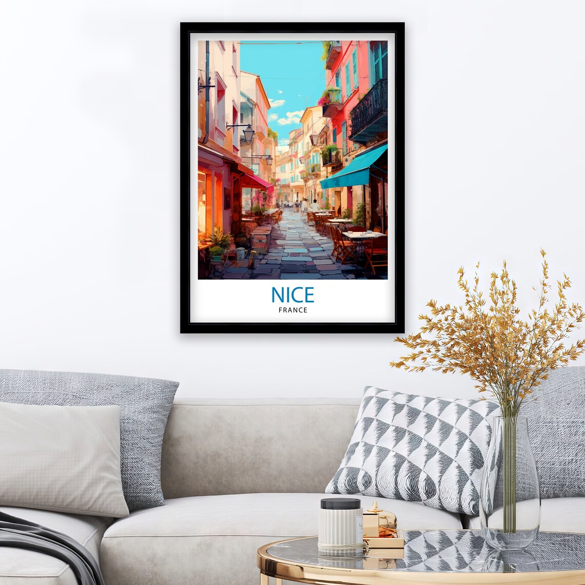 Nice France Old Town Café Street Colorful Façades Scene Poster - Image 3