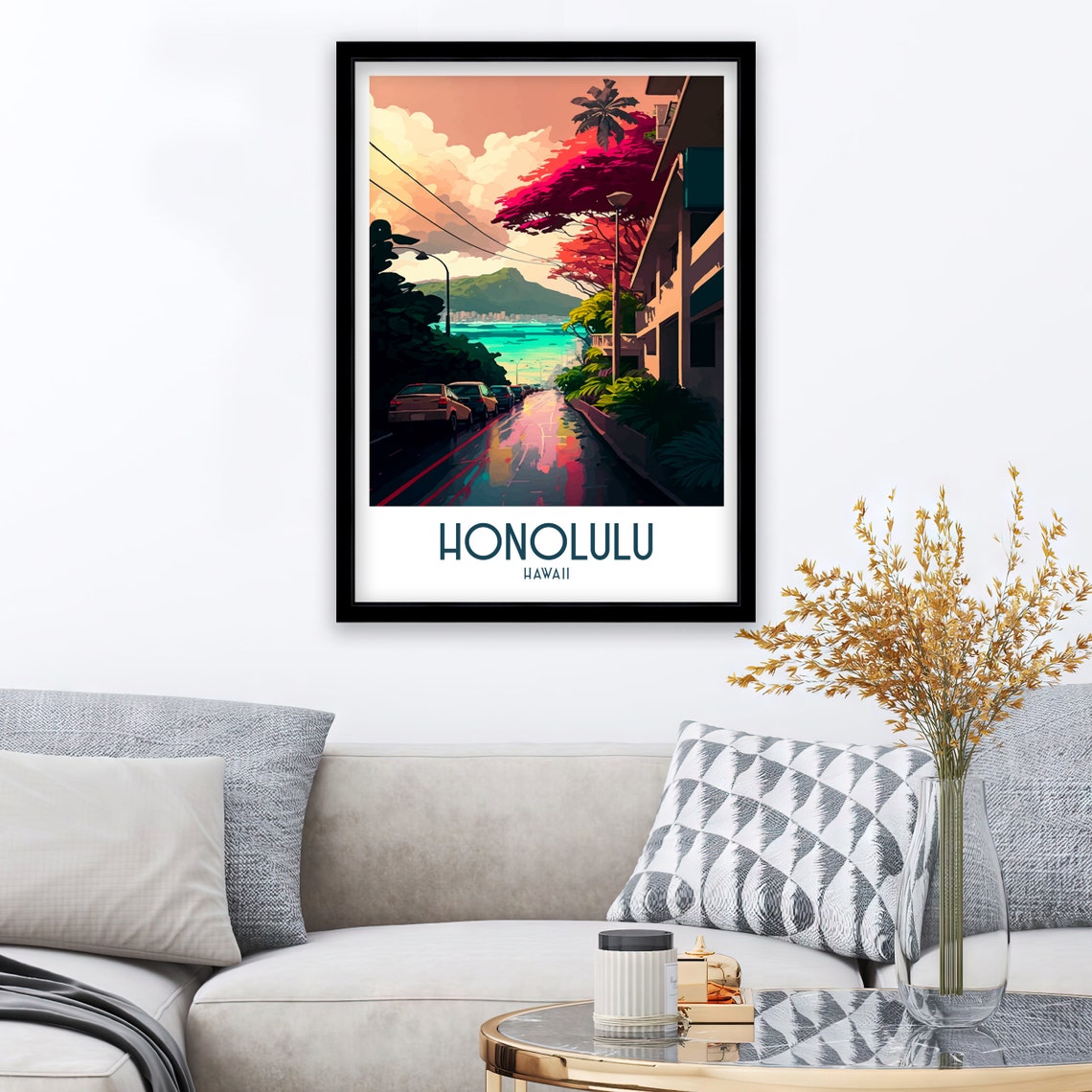 Honolulu Hawaii Street Beach Ocean Headland Vintage Travel Poster - Image 2