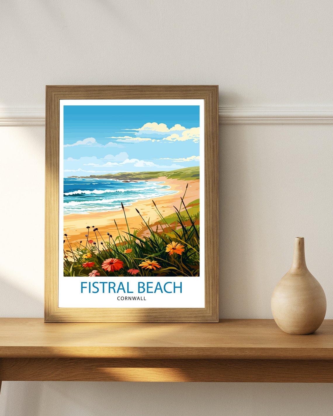 Fistral Beach Cornwall Wildflowers Surf Vintage Travel Poster - Image 3