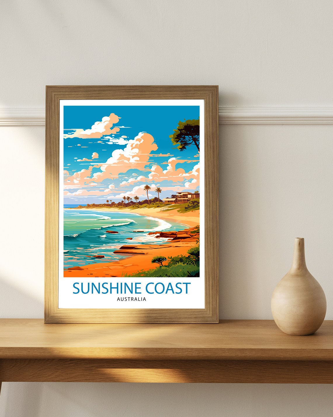 Sunshine Coast Australia Beach Waves Palm Trees Travel Poster - Image 2