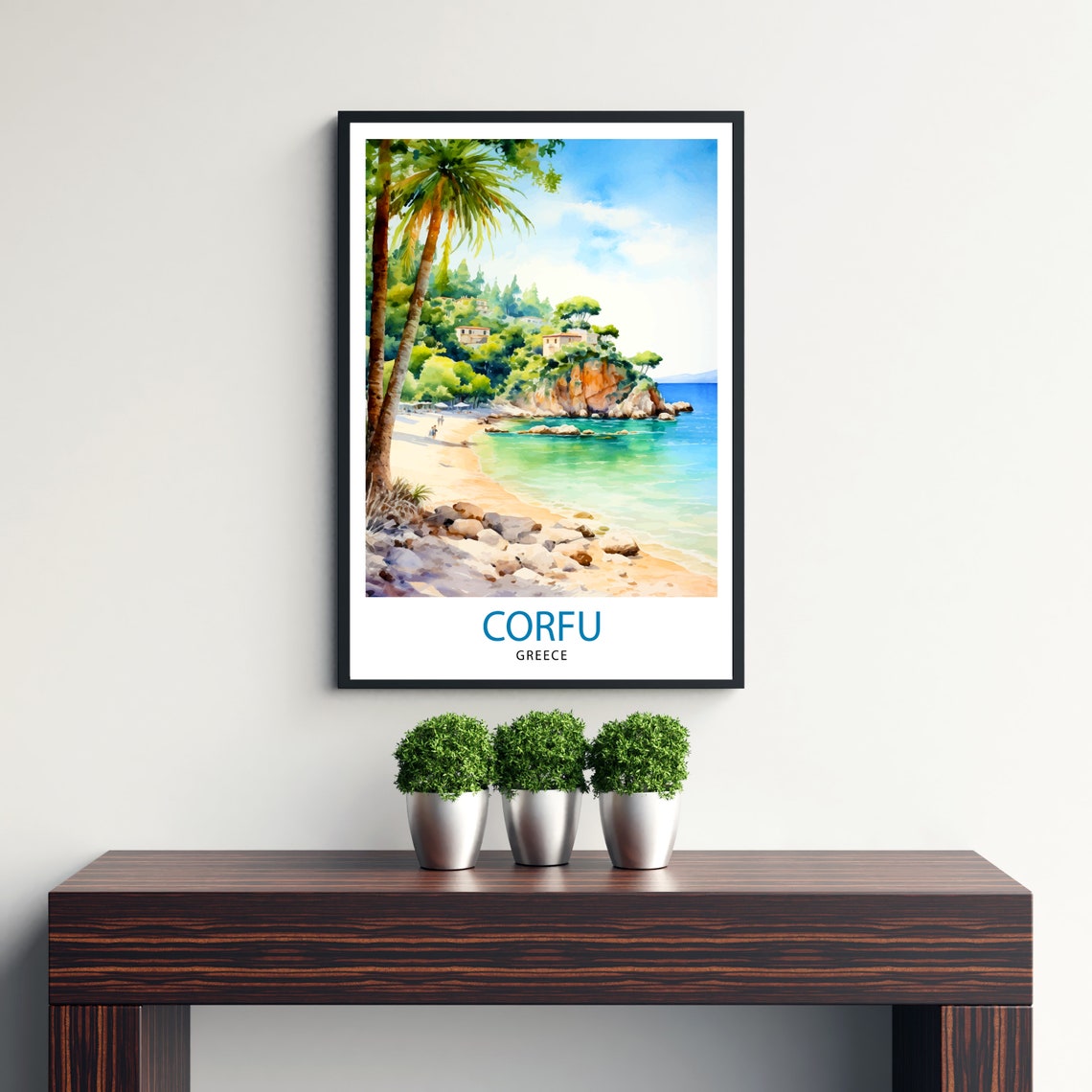 Corfu Greece Turquoise Cove Palm Trees Beach Watercolor Travel Poster - Image 3
