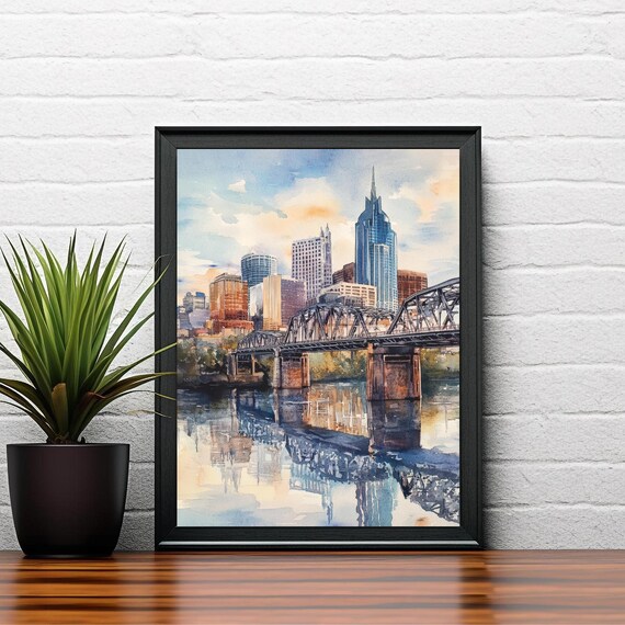 Nashville Tennessee Skyline Bridge City River Reflection Watercolor Poster