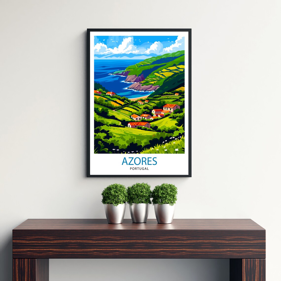 Azores Portugal Green Coastal Hills Island Village Travel Poster - Image 3