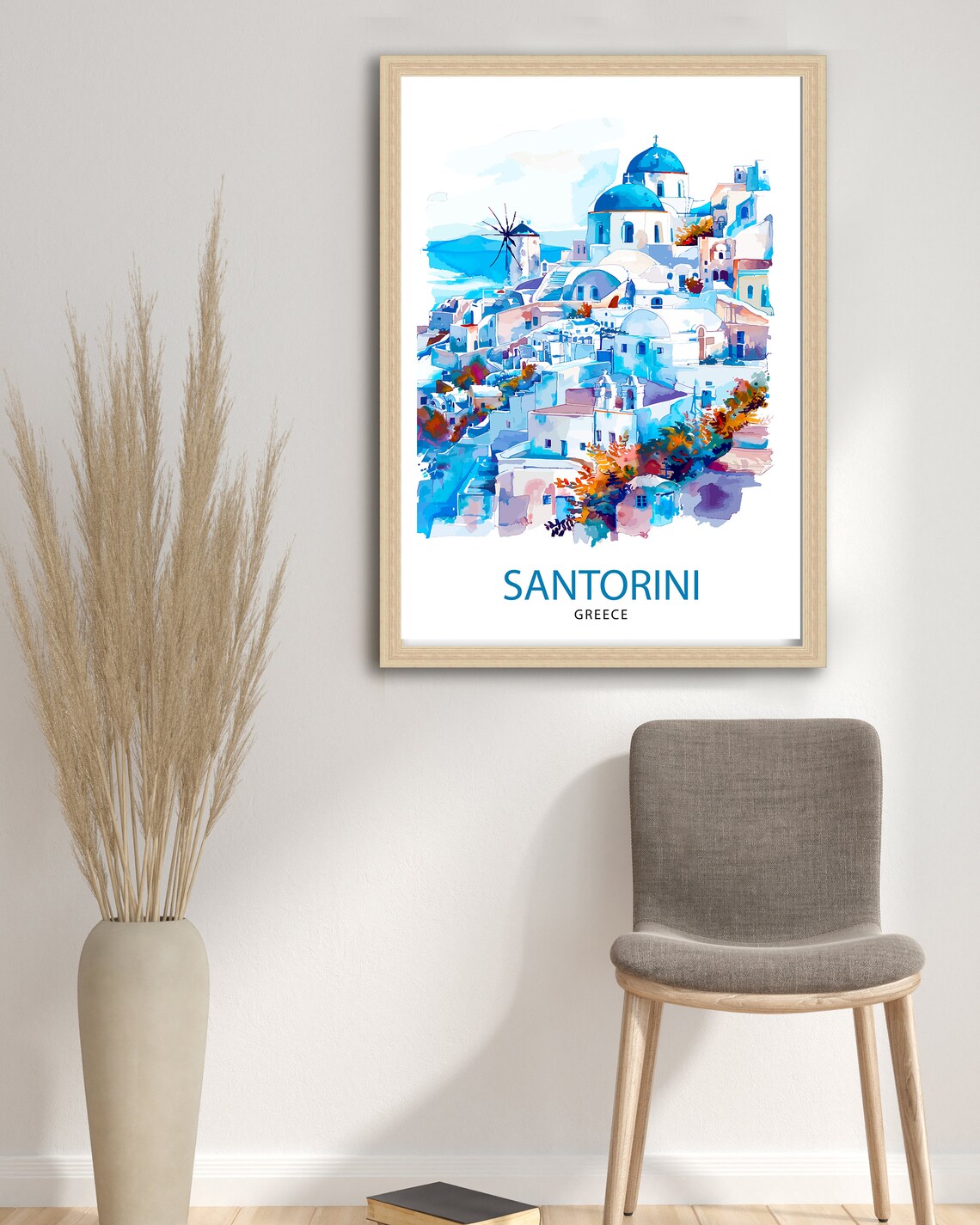 Santorini Greece Island Village Blue Domes Watercolor Travel Poster - Image 2