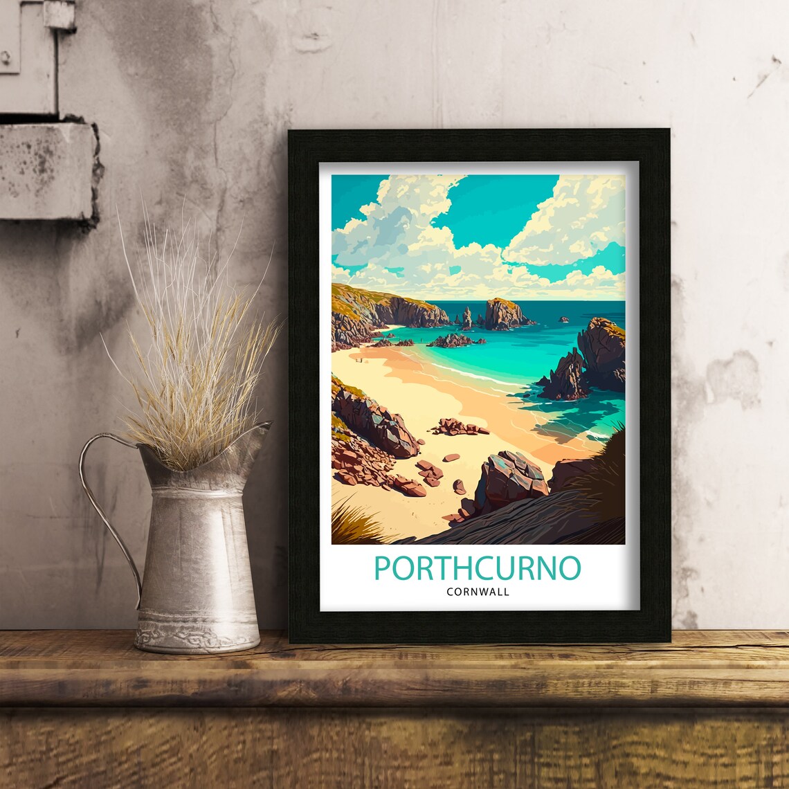 Porthcurno Cornwall Travel Poster, Beach Illustration - Image 3